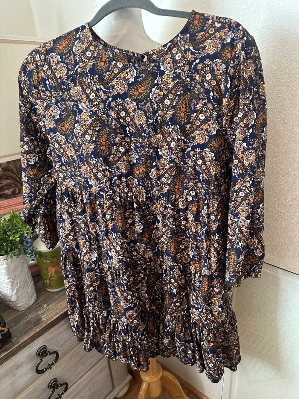 NATURAL LIFE Navy Paisley Floral Tiered Long-Sleeve Dress
